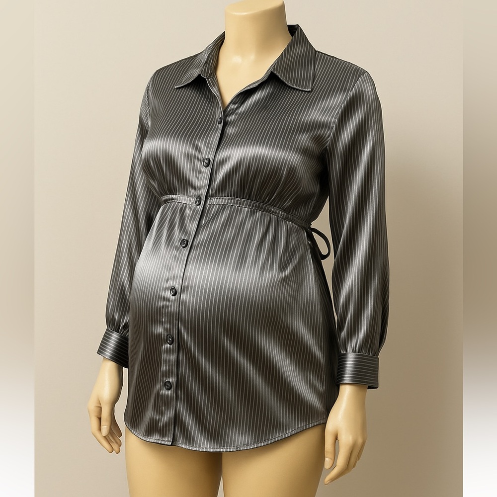✨ Motherhood Maternity Pinstriped Silky Blouse w/ Adjustable Tie Back (L)